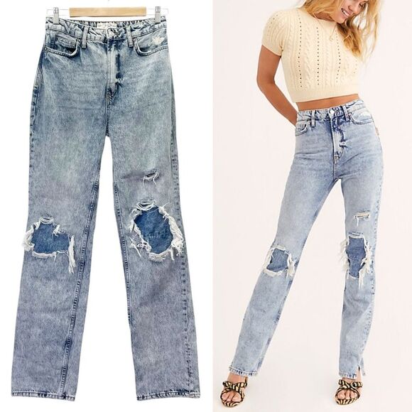 Free People We The Free My Own Lane Straight Jeans Acid Wash Distressed Size 28 - Picture 1 of 15
